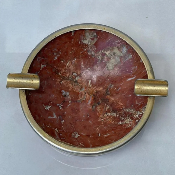 Italian Vintage retro Marble Ashtray Cigarette Round Brass Holder Gold Sz 4" - Picture 1 of 5